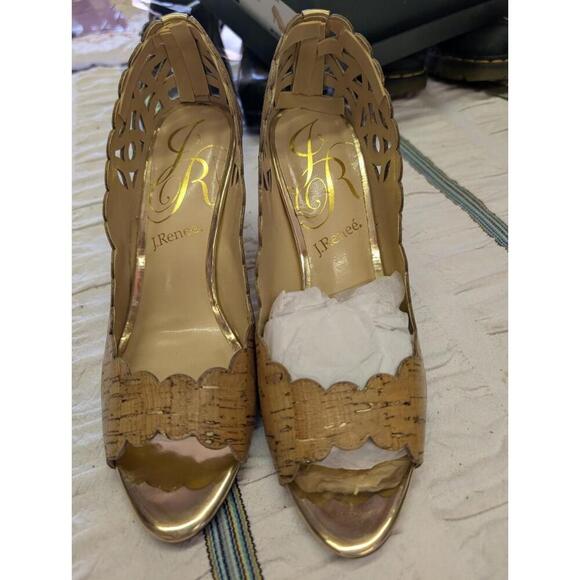 J Renee Women's Cork And Gold Peep Toe  Heels 9 W Excellent Pre Owned Condition - Picture 1 of 6